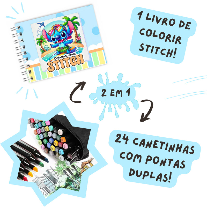 Kit Livro Colorir LIL. STI. (Azul) + 24 Canetas - Stitch
